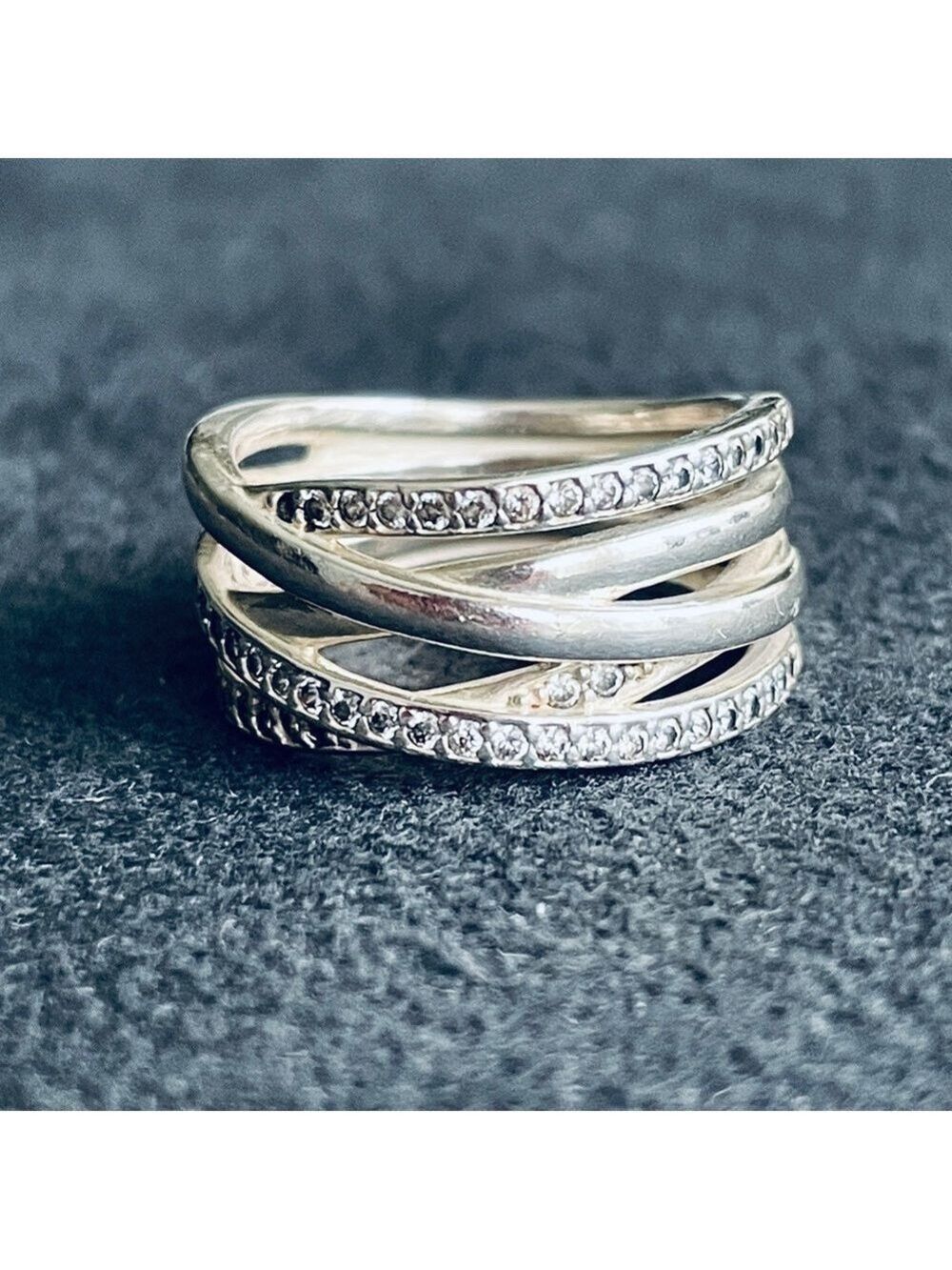 PANDORA CROSSOVER SPARKLING & POLISHED STERLING SILVER CZ WIDE BAND RING…